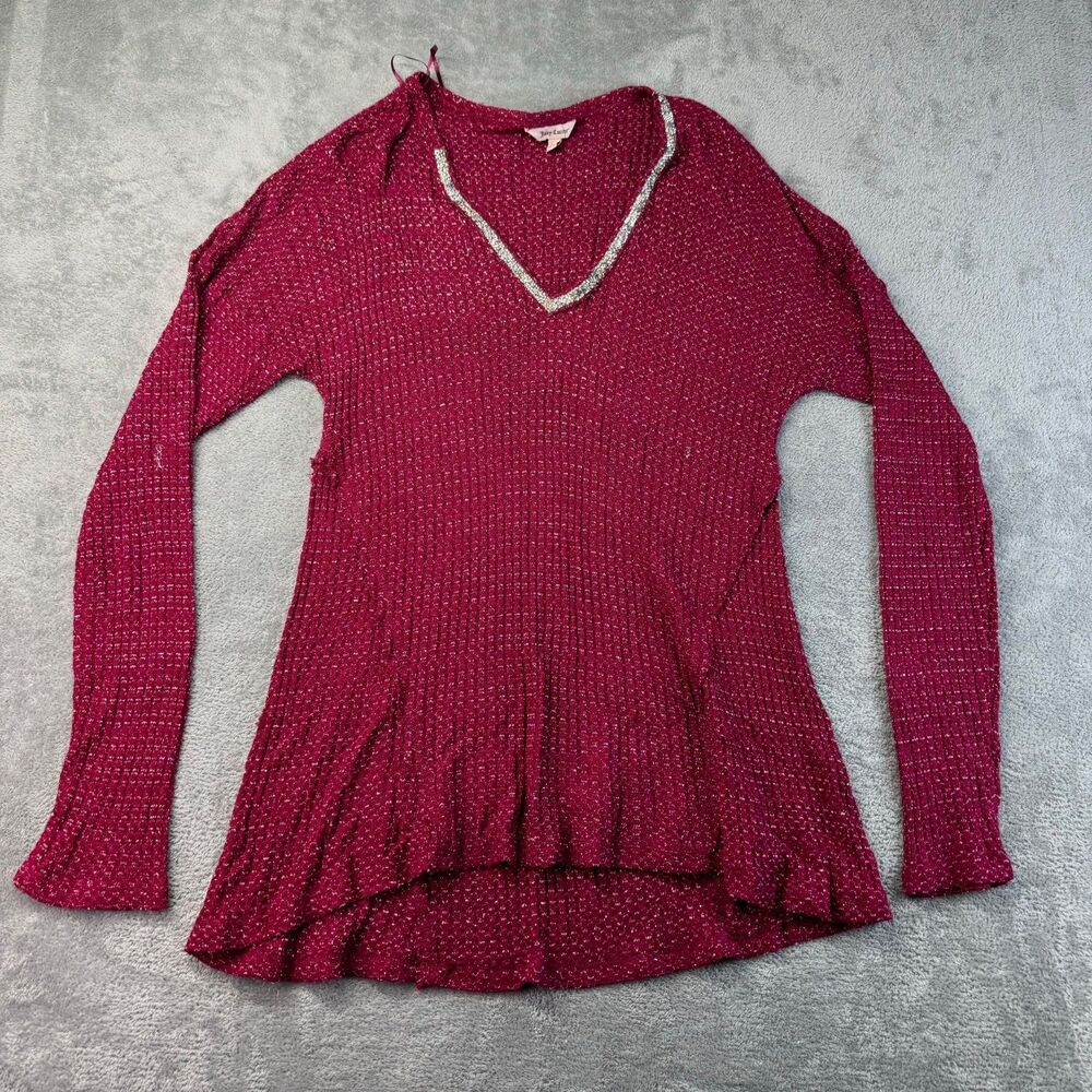 Juicy Couture Top Women's Extra Large Red Long Sleeve Stretch Knitted V-Neck Y2K